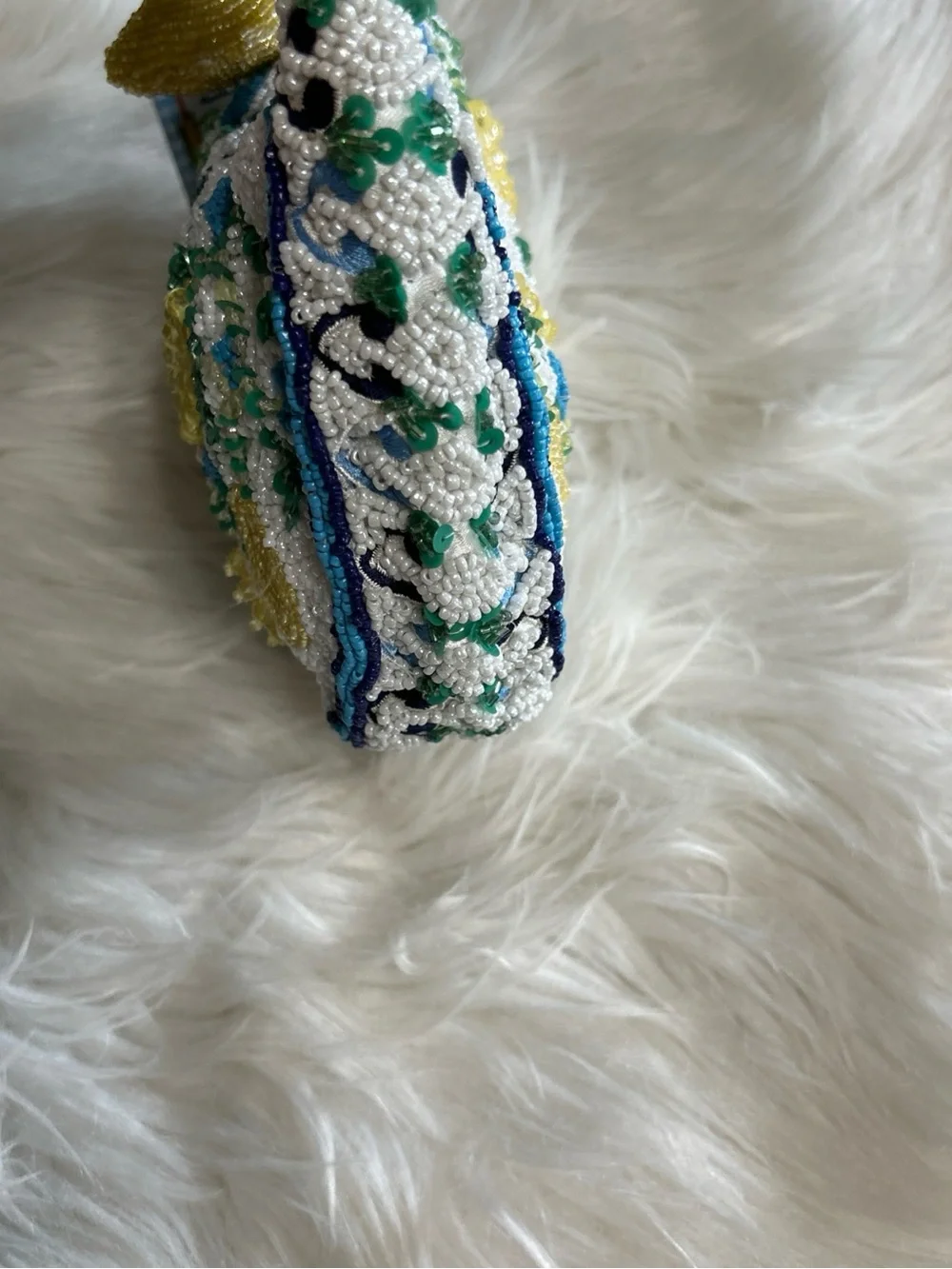 Beaded Lemon Motif Clutch in White and Yellow